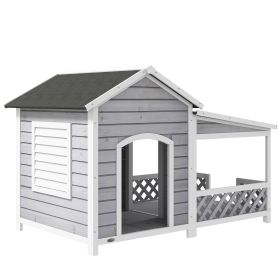 Wooden Dog House Outdoor with Porch, Cabin Style Raised Dog Shelter with Asphalt Roof, Doors, and Shutter Window, for Medium Large Sized Dog, Li