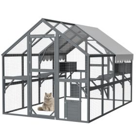 Extra Spacious Catio Outdoor Cat Haven, 110 Inch Luxury Cattery With Weather-Resistant Roof, Cat Climbing Ramp, Space Pod Bed, 2 Lounging Huts
