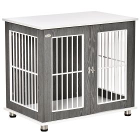 34'' 2-in-1 Wooden Dog Kennel, Modern Wire Animal Crate, Pet Cage with Lockable Door and Adjustable Foot Pads, for Small and Medium Dogs, Grey a