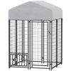 PawHut Welded Wire Outdoor Dog Kennel with 360° Rotating & 4 Levels Adjustable Bowls, Waterproof Cover, 3.9' x 3.9' x 6