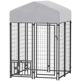 PawHut Welded Wire Outdoor Dog Kennel with 360° Rotating & 4 Levels Adjustable Bowls, Waterproof Cover, 3.9' x 3.9' x 6
