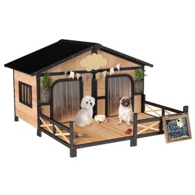 Dog House Outdoor, Wooden Dog Kennel Weatherproof with Porch, Openable Roof, Removable Bottom, Elevated Floor, Double Room for 2 Small to Medium (Option: Natural wood color)