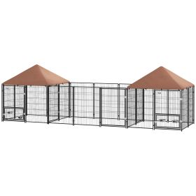 Large Outdoor Dog Kennel With 2 Rooms, Rotating & Adjustable Height Bowls, Waterproof & UV-Resistant Canopy (Option: Coffee-1300x750x190 mm)