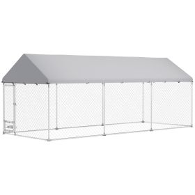 Outdoor Dog Kennel w/ Adjustable & Rotatable Bowl Rack, Waterproof UV-Resistant Cover, Secure Lock, 19.7' x 7.5' x 7.5' (Option: Silver-1285x410x290 mm)
