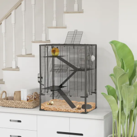 4 Tier Hamster Cage With Deep Tempered Glass Bottom, Running Wheel, Hut, Water Bottle, Food Dish (Option: Black tall)