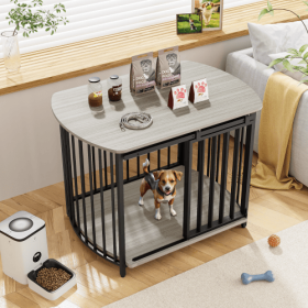 31.5 Furniture Style Dog Crate For Small And Medium Dogs, Wooden Cage Indoor Kennel Furniture, Modern Dog Crate End Table With Double-Doors (Color: gray)